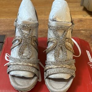 Impo Taupe Braided Crystal Strappy Wedges